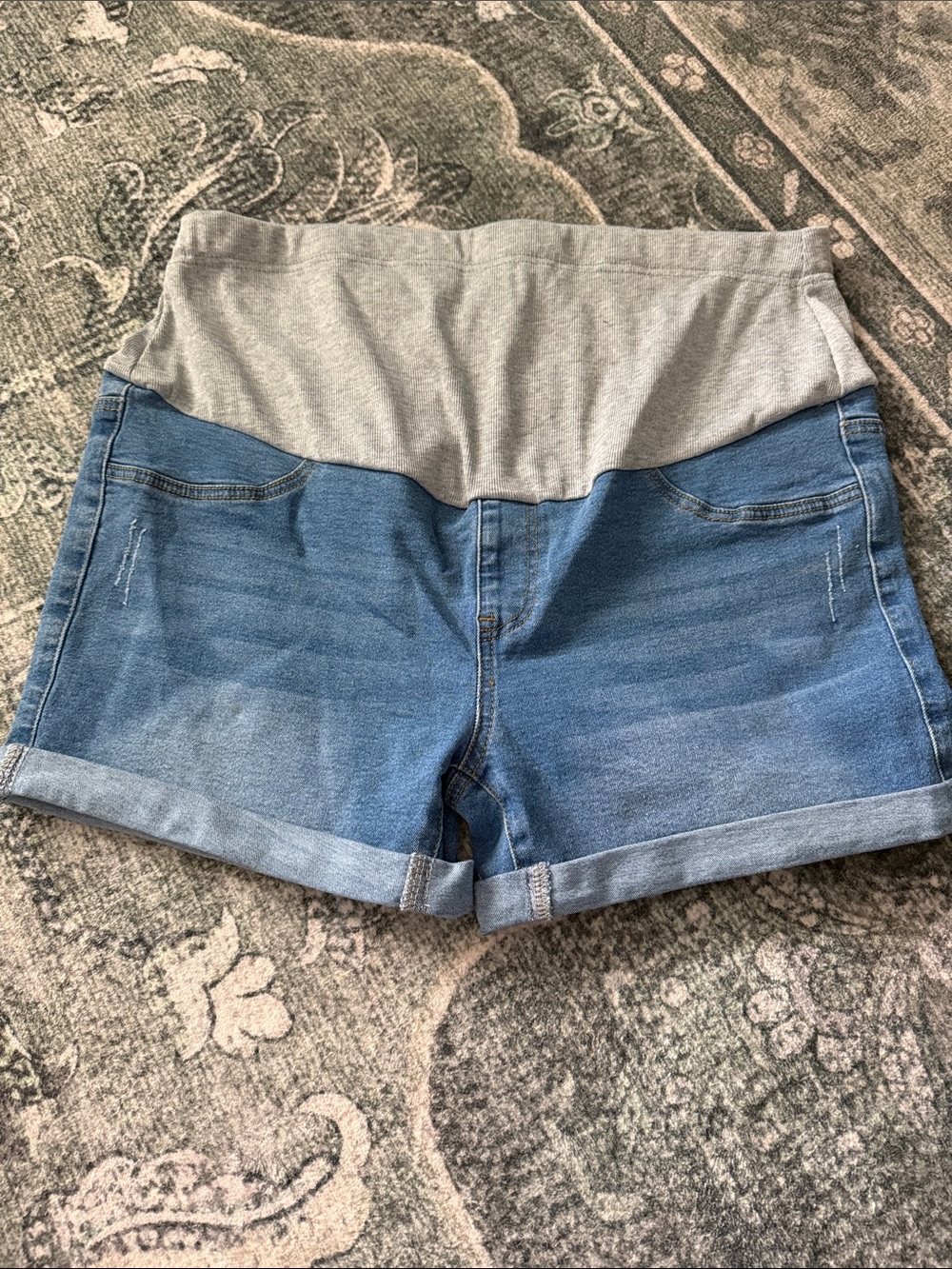 SHEIN Light Blue Denim Maternity Shorts with Gray Waistband